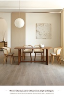 Table à manger multifonctionnelle en bois massif Wabi-sabi avec coins arrondis, style moderne minimaliste, longue banquette, ensemble de chaises en rotin