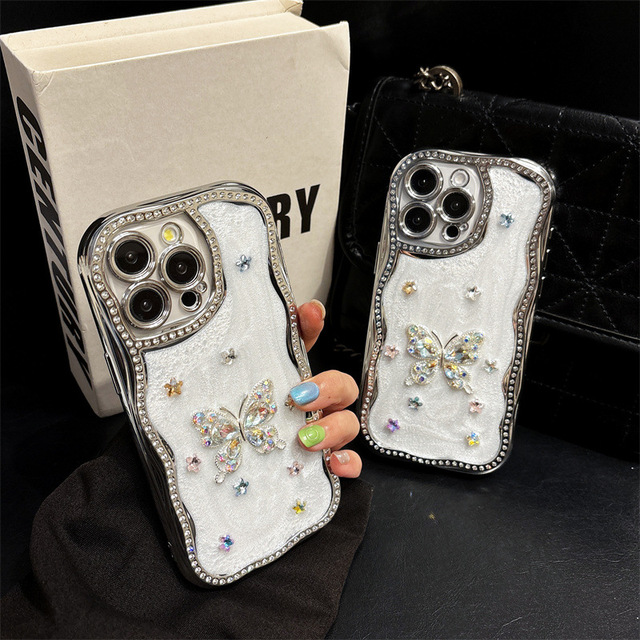 Apple 15 Pro Phone Case for iPhone 16 Pro Max Luxury Diamond Butterfly Design Stainless Steel Electroplate Craft Women's Model