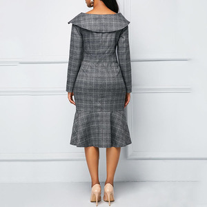 Robe longue à manches longues à col en V à imprimé à carreaux pour femmes, robe de fête, de loisirs, de bureau, robe longue avec boutons - Product Image 6