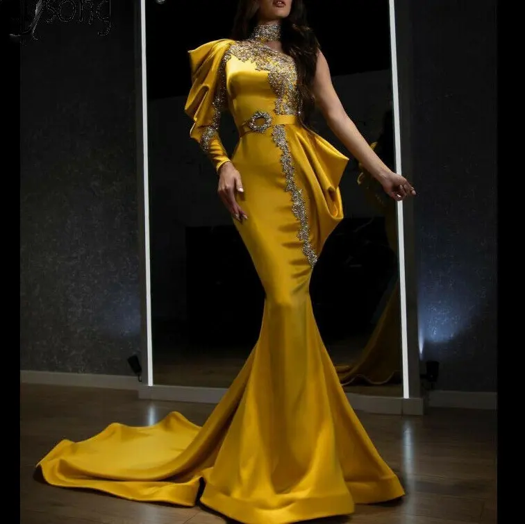 2022 חדש אופנה פאף שרוולים אלגנטי מפזרים זהב גבוהה צוואר משתה עוקב נשים צהוב יום נישואים לנשף יוקרה ממותג שמלה