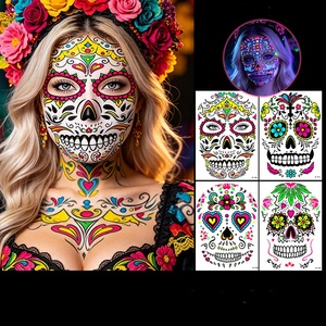 Tatuajes Temporales que Brillan en <span class=keywords><strong>la</strong></span> Oscuridad, UV Neón, Dí<span class=keywords><strong>a</strong></span> de Muertos, Calavera Mexicana, Pegatinas Faciales para Halloween - Product Image 6