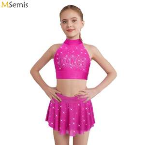 Enfants filles pom-pom girl Cheerleading danse Performance Costume paillettes strass <span class=keywords><strong>haut</strong></span> court jupe en maille transparente - Product Image 2