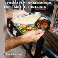 Barquette alimentaire rectangulaire jetable en aluminium alimentaire, écologique, résistante au four, à 3 compartiments, avec couvercle en plastique