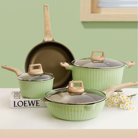 Ensemble de casseroles et poêles antiadhésives en aluminium vert, faciles à nettoyer, avec couvercle transparent et poignée en bois – Vente chaude