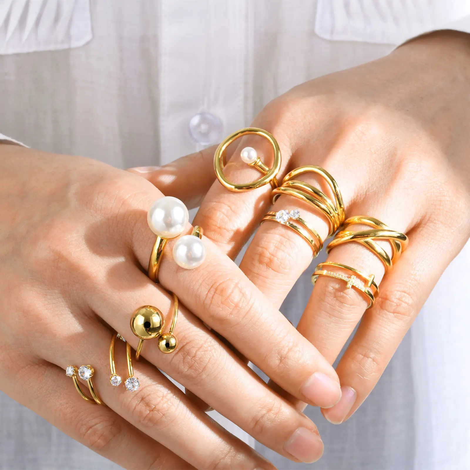 Wholesale Simple Gold Twisted Pearl Open Adjustable Minimalist Stainless Steel Rings For Women
