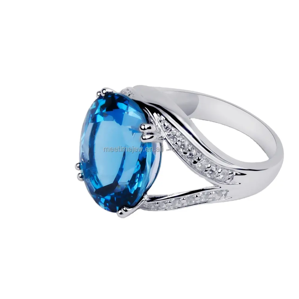 925 cincin perhiasan biru Topas perak murni modis wanita cincin batu permata putih batu permata alami Oval Kalash perak