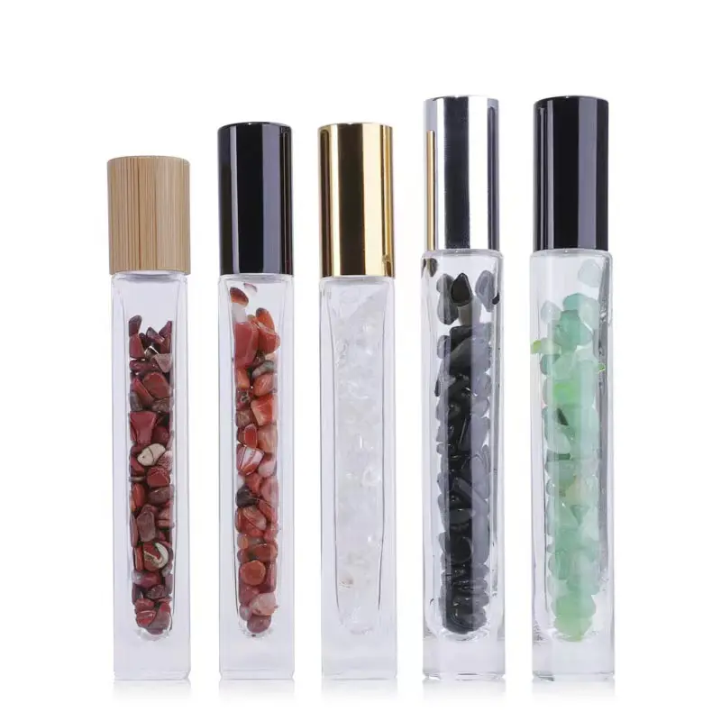 10ml coperchio in bambù coperchio in alluminio forma quadrata di vetro spesso trasparente bottiglie a rullo olio essenziale con trucioli di pietre preziose curative all'interno