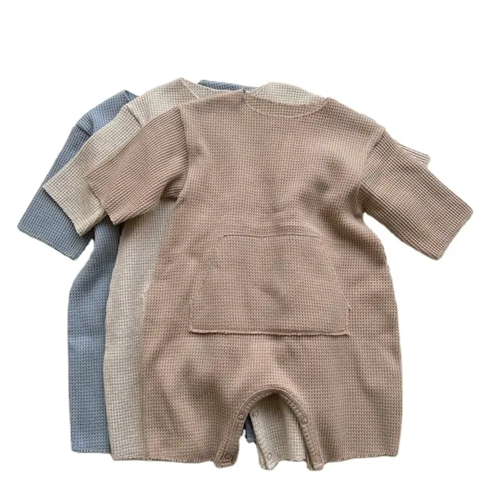 Ruwe Rand Oversize Infant Waffle Jumpsuits Lange Mouw Baby Pocket Rompertjes