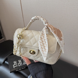 여성용 퀼트 PU 크로스바디 백, 실크 스카프 핸들 미니 체인 숄더백, 데일리용 턴락 새첼 퍼스 - Product Image 4