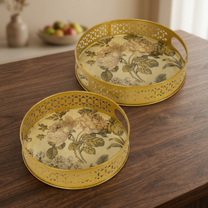 Floral Pattern <b>Round</b> <b>Serving</b> <b>Trays</b> With Handles Polished Metal Finish Residential Use - Product Image 3