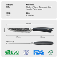 4,5-inch 67-laags Damascus staal VG10 kern steakmes gekarteld ultra scherp met Pakka houten handvat professioneel keukenmes