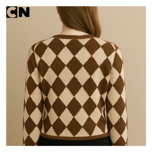 BSCI Certification Knitwear Manufacturer Custom logo Women Cotton Wool Diamond Print Brown <b>Cardigan</b> Sweater with Heart <b>Buttons</b> - Product Image 4