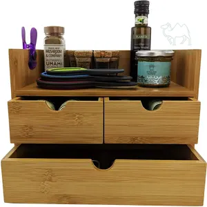 Minimalist Bamboo Wooden <b>Desk</b> Organizer <b>with</b> 3 <b>Drawers</b> for Desktop <b>Office</b> Supplies - Product Image 5