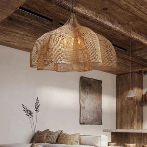 Lustre en rotin naturel tissé à la main, grand modèle, style Wabi Sabi, luminaire suspendu pour hall d'hôtel, décoration intérieure - Product Image 5