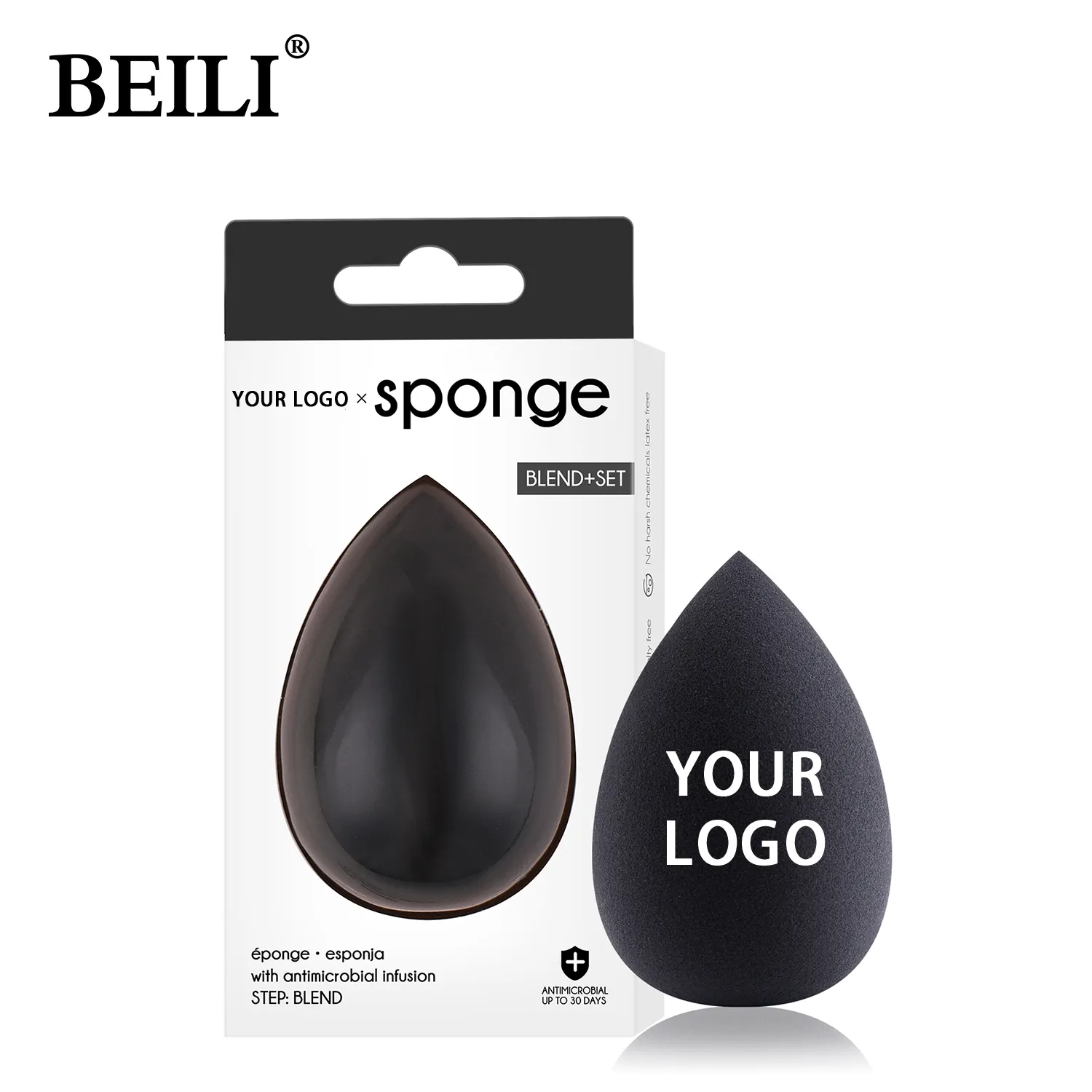 BEILI black makeup sponge custom Latex Free and Vegan Cosmetics Beauty Sponge Blender with packaging box