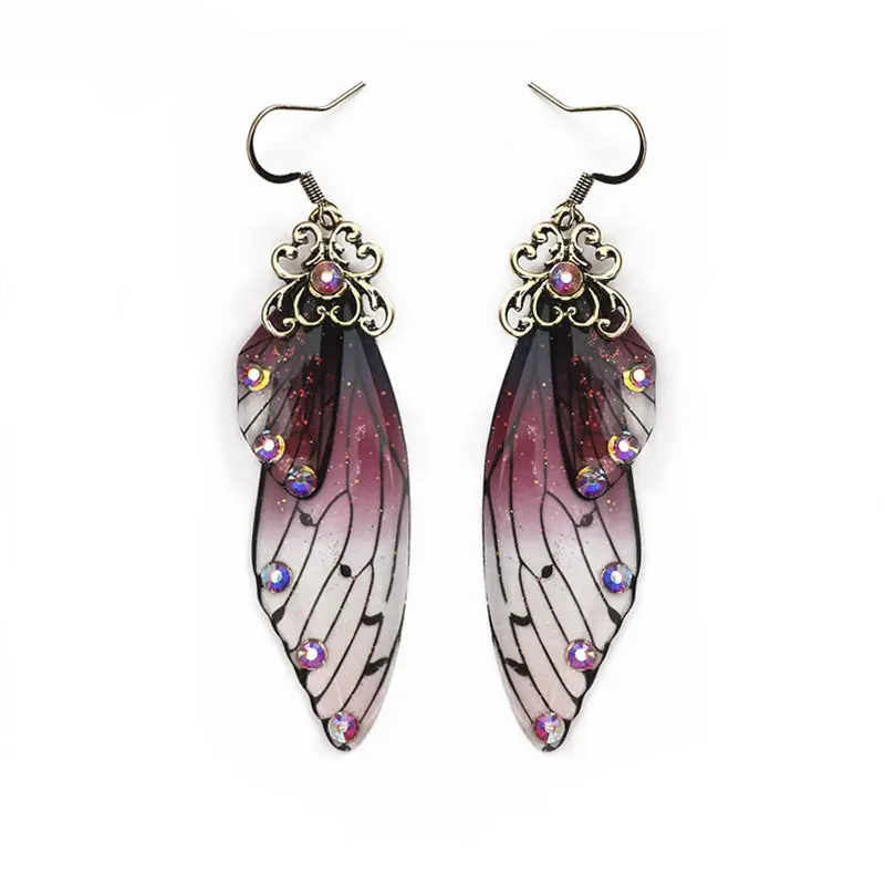Gradient Color Resin Butterfly Long Drop Earrings For Women Rhinestone Insect Wings Earring