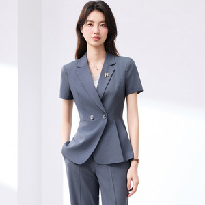 Women's Short Sleeve <b>Blazer</b> Suit <b>Set</b> Breathable Worsted Wide Leg Pants Office Lady Work Uniform - Product Image 2