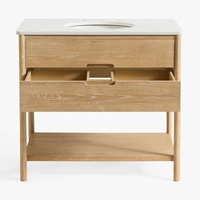 Meuble-lavabo moderne pour salle de bain avec évier encastré et comptoir, armoire autoportante en chêne clair avec 2 tiroirs et étagère ouverte
