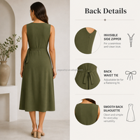 Robes décontractées pour femmes Yegao en gros, personnalisées, été, faible MOQ, 100 % coton, mi-longues, tissées, coupe trapèze, sans manches, col en V, couleur unie, OEM