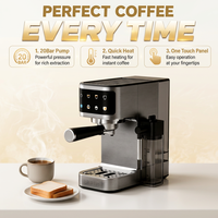 Machine à café électrique italienne semi-automatique en acier inoxydable avec écran LCD, pour usage domestique, petite machine à expresso avec mousseur à lait vapeur, 3-5 tasses