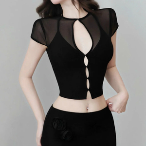 Women’s Y2K Sexy Hollow Out Halter Neck Mesh Crop Top Short Sleeve <b>Tie</b>-Up T-Shirt Clubwear - Product Image 3