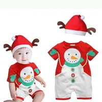 Vermelho padrão do boneco de neve do natal do bebê roupas de verão romper infantil com chapéu