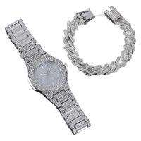 Set Hadiah Promosi Jam Tangan Kalender Tali Baja Berlian Penuh Fashion, Gelang Hip Hop Langit Berbintang, Jam Tangan Berlian untuk Pria Wanita