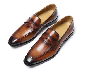 Mocassins pour hommes en cuir véritable marron à bout pointu, chaussures habillées de bureau à enfiler, semelle extérieure en caoutchouc, toutes saisons - Product Image 1
