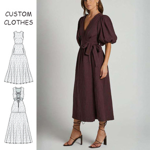 Robes décontractées mi-longues en <span class=keywords><strong>lin</strong></span> pur à 100 % pour femmes, couleur prune foncé, col en V, manches bouffantes courtes, style ample et bon marché, avec ceinture et poches - Product Image 1