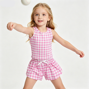 Ensemble de tenue de tennis pour petites filles, motif gingham violet, débardeur sans manches à col rond extensible et doux pour enfants, short fluide coupe crayon - Product Image 2