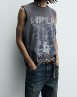 Débardeur Homme Personnalisé Noir Délavé à l'Acide, Coupe Oversize, 95% Coton 5% Spandex, Col Rond, Impression Sérigraphique