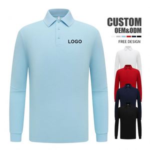Polo à manches longues pour homme en coton d'automne, col montant, brodé, col à revers, t-shirt à manches longues pour homme, logo personnalisé - Product Image 1