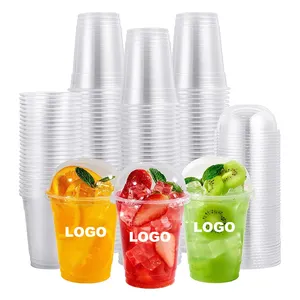 SKYDEAR أكواب بلاستيكية شفافة 12 أونصة أكواب شرب باردة للاستعمال مرة واحدة مع أغطية قبة بشعار مخصص مطبوع