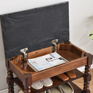 Solid Wood Shoe Changing <b>Stool</b> With Leather Top And Storage Shelves For Home Entryway Use - Product Image 3