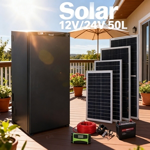Réfrigérateur solaire à <span class=keywords><strong>double</strong></span> <span class=keywords><strong>porte</strong></span> avec étagères en verre et congélateur supérieur, alimentation hybride - Product Image 1