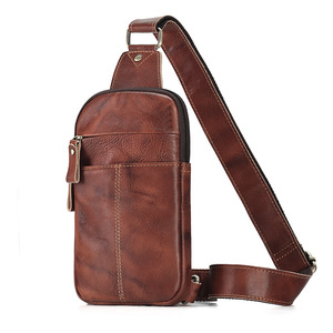 Men's Genuine Leather Chest <b>Bag</b> Brown Zipper Closure Crossbody Outdoor Travel Single Shoulder <b>Bag</b> Telescopic Handle Solid Color - Product Image 1