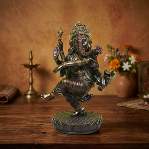 Antique Copper Finish Resin Handcrafted Dancing Ganesha <b>Statue</b> with Figures-Traditional <b>Religious</b> Home Decor Temple Altar Figure - Product Image 1