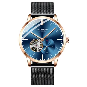 Ultra Thin Rose gold watch case Luminous hand blue dial Hollow out Automatic mechanical men watches charms waterproof factory