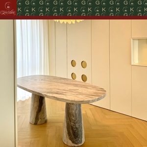 Table à manger ovale GOLDKING pour la salle à manger moderne, en <span class=keywords><strong>marbre</strong></span> veiné gris clair, base monolithique à double cône, OEM ODM Direct - Product Image 4