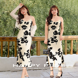 Robe mi-longue à imprimé floral Happy Plus pour femme, col en V, coupe biaisée, avec bretelles, grande taille, élégante, robe de printemps - Product Image 1