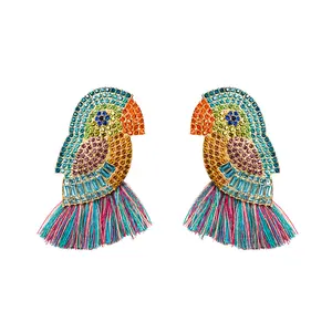 Unique Colorful Diamond Acrylic Parrot Stud Earrings Women Creative Animal Tassel Earring Jewelry