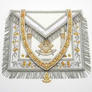 Tablier maçonnique personnalisé brodé, tissu blanc, franges dorées, motif étoile, insignes de franc-maçon, tablier de cérémonie de loge - Product Image 1