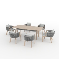 Ensemble de salle à manger d'extérieur moderne en teck, 7 pièces, table de patio en corde tressée et 6 chaises pour jardin, hôtel, complexe hôtelier