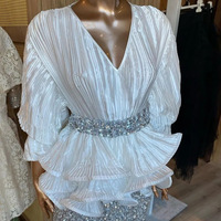 Costume de mode femmes Socialite tempérament lanterne col en v à volants chemise brillante taille haute jupe à paillettes