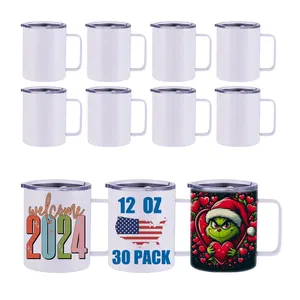 USA Warehouse Stocked RTS White Sublimation Blanks Tumbler with Handle 12 OZ Coffee Mug Stainless Steel Double Wall Insulated