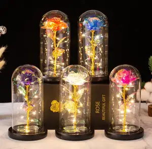 Valentinstag Geschenk Ewige Galaxie Rose Blumen 24 Karat Goldfolie Regenbogen Rose Mit Led Licht in Glaskuppel auf schwarzem Holz sockel