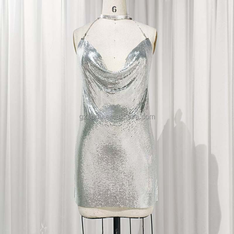 Women Metal Mesh Night Club Dress Aluminum Sequin Metallic Shiny Silver  Chain Mail Dress for Party