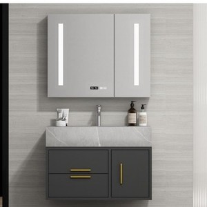 Mueble de baño inteligente gris con espejo LED y lavabo de cerámica integrado - Product Image 1