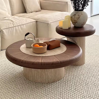Juego de Mesa de Centro Redonda Rústica con Tapa de Madera Enchapada en Nogal y Pedestal de Madera para Sala de Estar, Decoración Acogedora