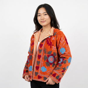 Chaqueta de Mujer de Algodón y Terciopelo con Bordado Floral Naranja, Cuello Redondo, Manga Larga, Ecológica, de Secado Rápido, Estilo Prairie Chic - Product Image 1